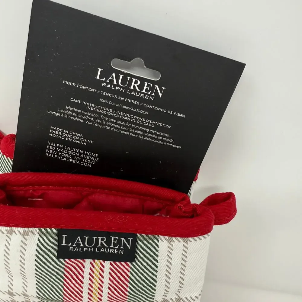 NWT Lauren Ralph Lauren Holiday Plaid Kitchen Set Mini Mitt & 2 Towels Christmas